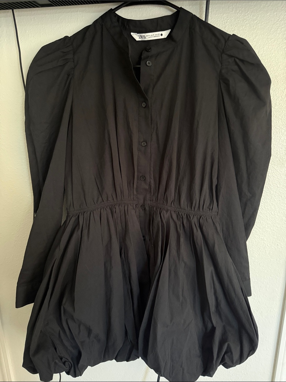 Zara Black Button-Front Puff-Sleeve Dress